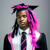 a black man in a graduation gown with pink dreadlocks