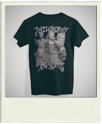 a black t - shirt with an image of a group of people