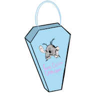 a blue coffin with a skull on it