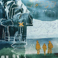 a painting of a group of people walking on a beach