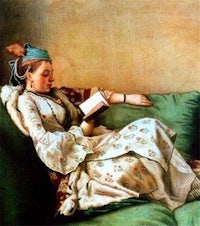 a painting of a woman reading on a green couch