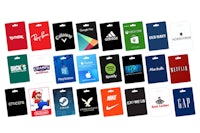 a variety of gift cards with different logos on them