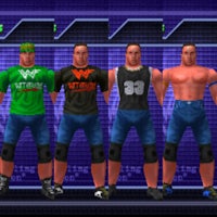 four wrestlers standing in front of a purple screen