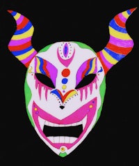 a drawing of a colorful mask with horns