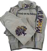 a hoodie and sweatpants with the word fomf on them