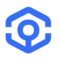 a blue logo with a hexagon in the middle