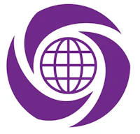 a purple and white logo with a globe in it