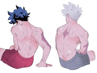 two anime characters with their backs facing each other