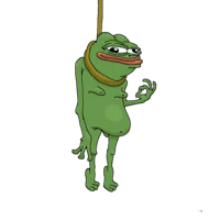 a green frog hanging from a rope