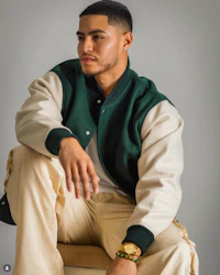 a man in a green and white jacket sitting on a chair