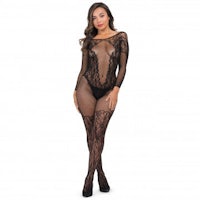 a woman wearing a black lace bodystocking