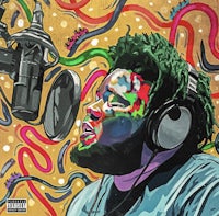 a painting of a man with dreadlocks in front of a microphone
