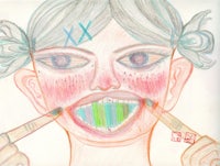 a drawing of a girl with a toothbrush in her mouth