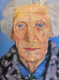 a painting of an old woman with blue eyes