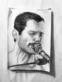 a drawing of a man singing into a microphone