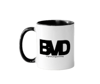 a black and white mug with the word bdd on it