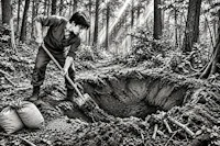 a black and white drawing of a man digging a hole in the woods