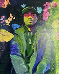 a painting of a man in a green jacket with flowers