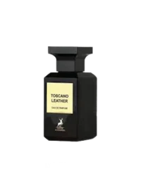 a bottle of tuscan leather on a black background