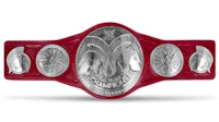 a red and silver wrestling championship belt
