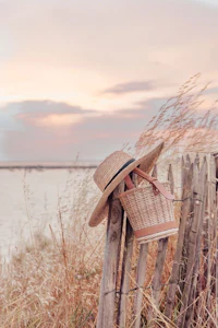a hat and basket sitting on a fence near the ocean