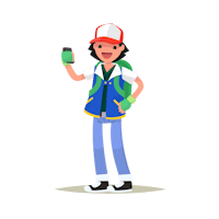 a cartoon character holding a backpack and a bottle of water