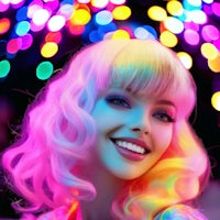 a woman with colorful hair is smiling in front of lights