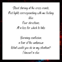 a black and white image with the words'stood staring at the cross road'