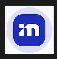 a blue and white logo with the word m