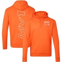 an orange hoodie with a white logo on it