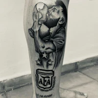 a black and white tattoo of a man holding a cup
