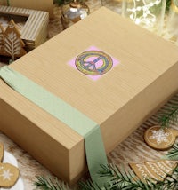 a christmas gift box with a peace sign on it