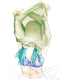 a drawing of a woman with green hair covering her head