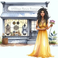 a woman in a yellow dress standing in front of a store
