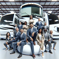 a group of business people posing in front of a group of rvs