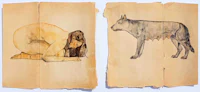 two drawings of a woman and a wolf