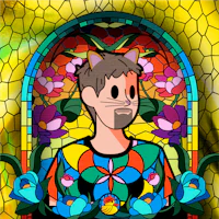 a cartoon of a man with a cat in front of a colorful stained glass