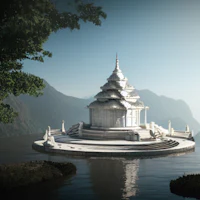 a white temple in the middle of a lake