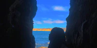 a person looking out of a cave into the ocean