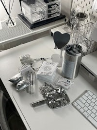 a desk with various items on it