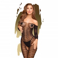 a sexy woman in a fishnet bodystocking