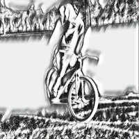 a black and white drawing of a person riding a bicycle