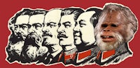 a group of gorillas with beards and beards on a red background