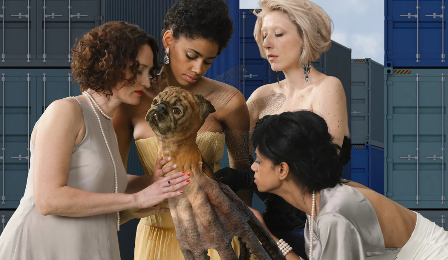 a group of women with a dog in front of a shipping container