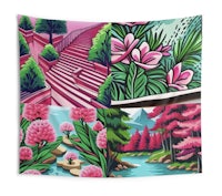 a pink tapestry with flowers and trees on it