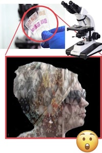 a picture of a woman with a microscope and an emoticon