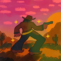 a drawing of a cowboy holding a gun in the desert