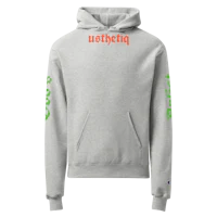 a grey hoodie with green and orange letters on it