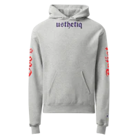 a grey hoodie with purple letters on it