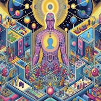 an illustration of a man in a futuristic city